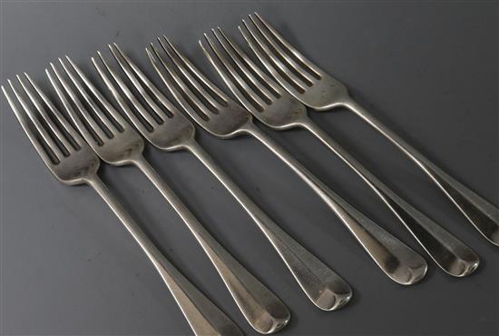 A matched set of six Edwardian & later silver Hanovarian pattern dessert forks (5&1), 10 oz.